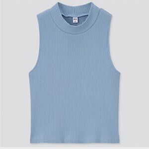 Uniqlo Womens Sleeveless Ribbed Crop Top Sz L Mock Neck Blue Stretch Sweater